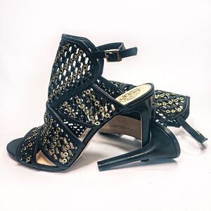 Vince Camuto Korthina Black Leather Lattice Gold Grommet Slingback Heels Sz 9.5M